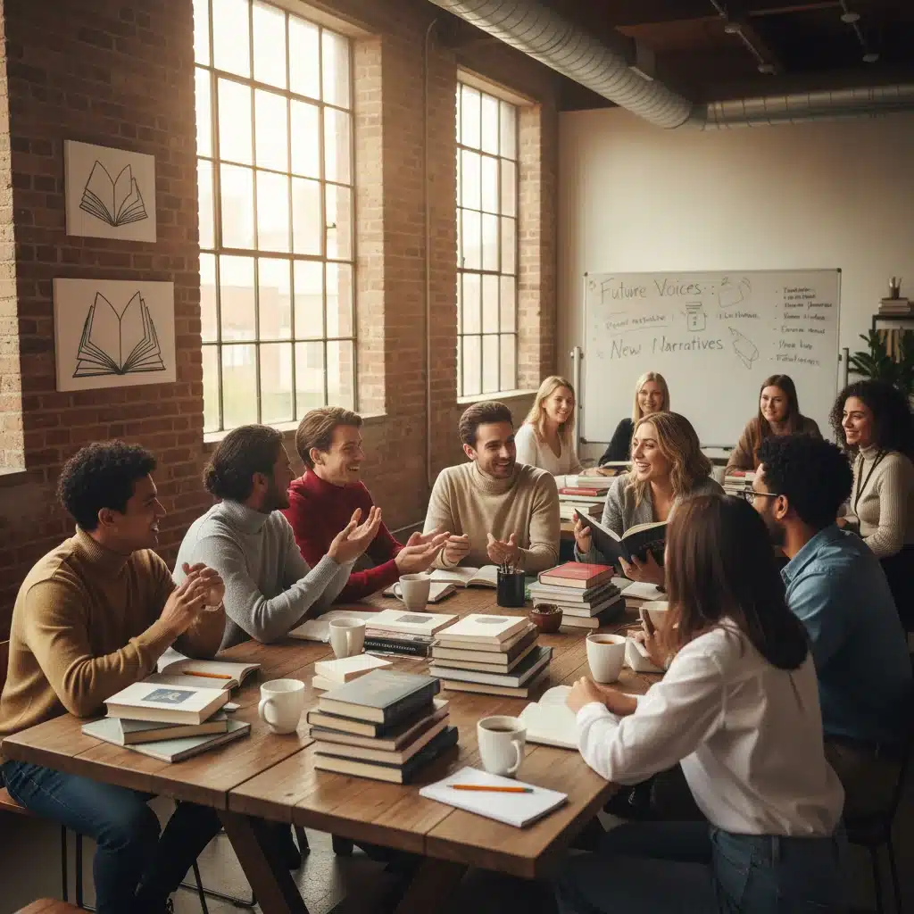 Grupo de jóvenes en un evento literario, debatiendo sobre libros y nuevas tendencias, reflejando el futuro de la literatura.