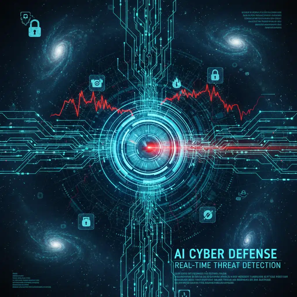 Inteligencia artificial detectando y analizando amenazas de ciberseguridad en tiempo real.