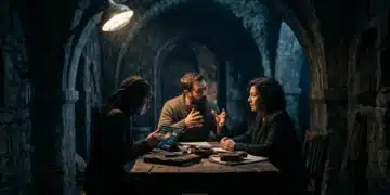 Un grupo diverso de personas discutiendo la influencia de la historia y la tecnología en la identidad española, iluminados por una luz dramática.