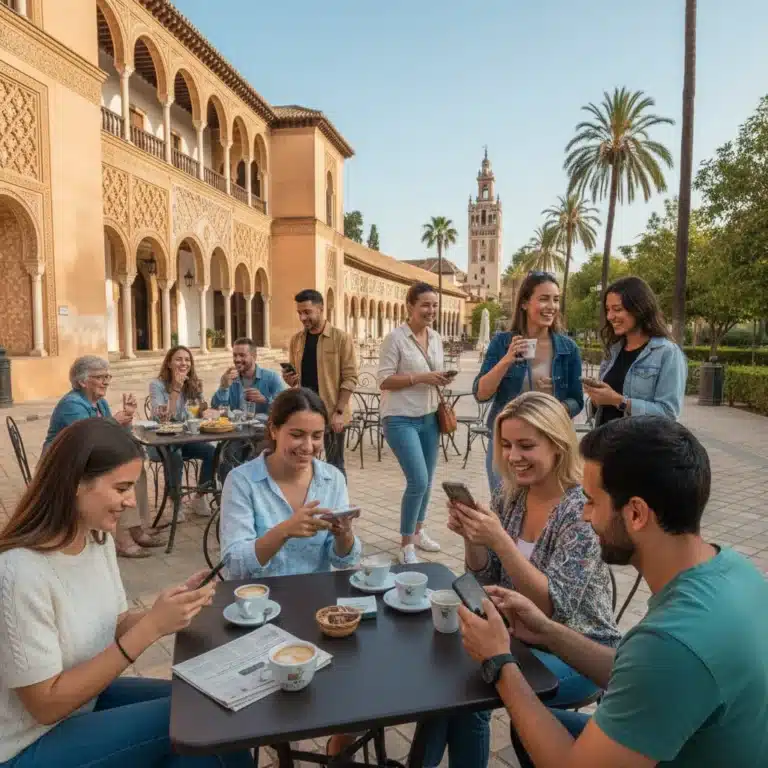 Personas interactuando con y sin tecnología en un entorno urbano español, reflejando la dualidad de las relaciones modernas.