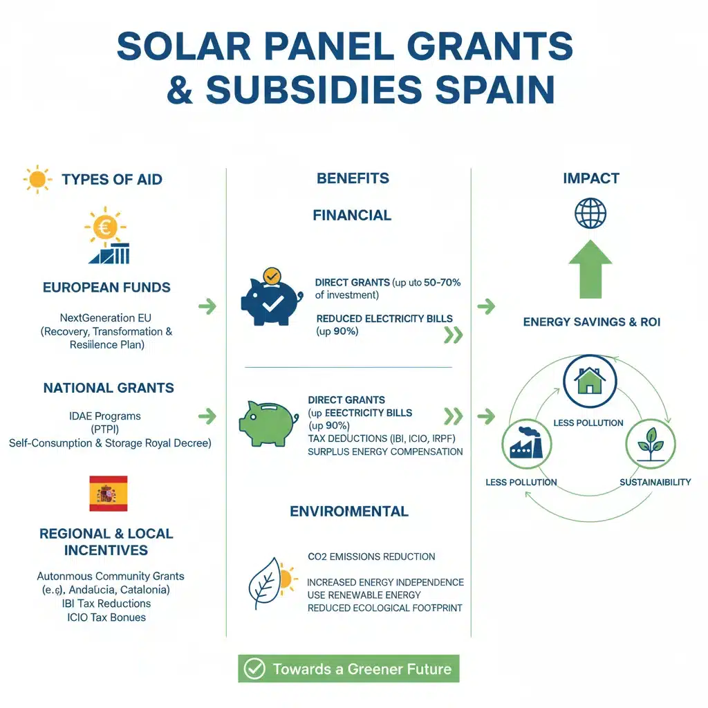 Infografía detallada de las ayudas y subvenciones disponibles para la instalación de paneles solares en España.