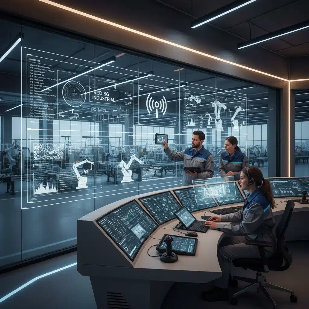 Ingenieros españoles supervisando operaciones en tiempo real gracias a la conectividad 5G industrial.