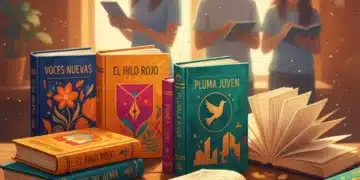 Descubre los 10 Autores Emergentes que Redefinen la Literatura Española Actual Libros abiertos y siluetas de jóvenes escritores, simbolizando el surgimiento de nuevos talentos en la literatura española.