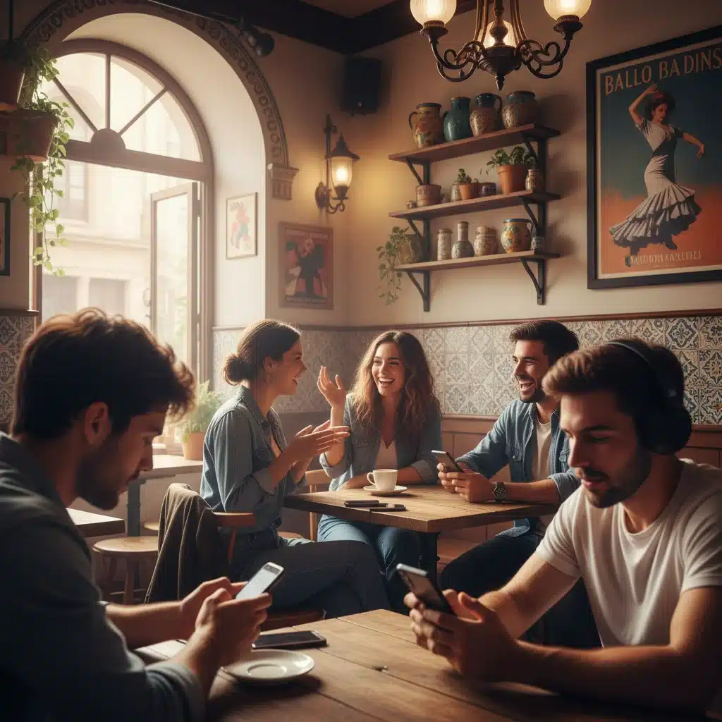 Jóvenes en una cafetería, algunos con móviles y otros conversando, ilustrando el fenómeno del 'phubbing' y la interacción social.