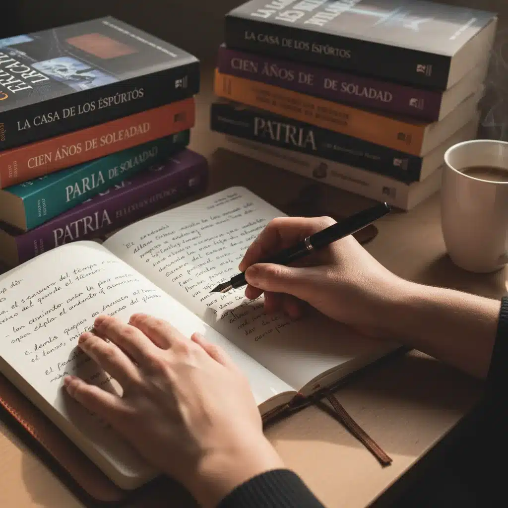 Manos escribiendo en un cuaderno junto a una pila de novelas españolas contemporáneas, evocando el proceso creativo.