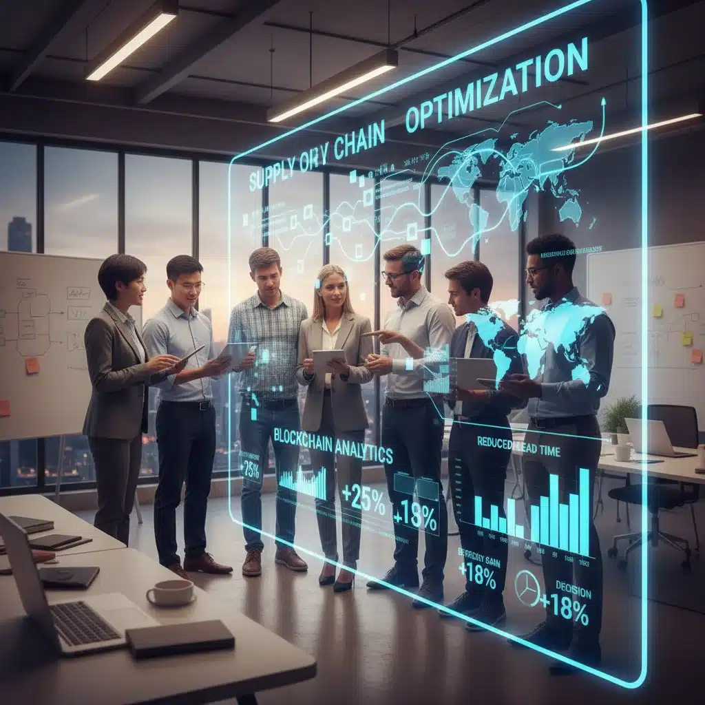 Equipo de profesionales logísticos analizando métricas de blockchain para optimizar la eficiencia