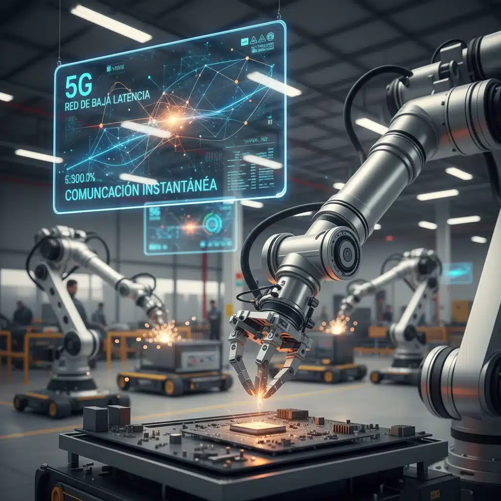Brazo robótico de alta precisión en una línea de montaje industrial española, optimizado por 5G.