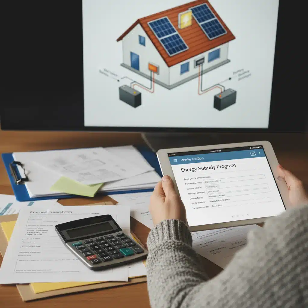 Persona rellenando un formulario de solicitud online para ayudas de autoconsumo energético, con documentos y una calculadora.