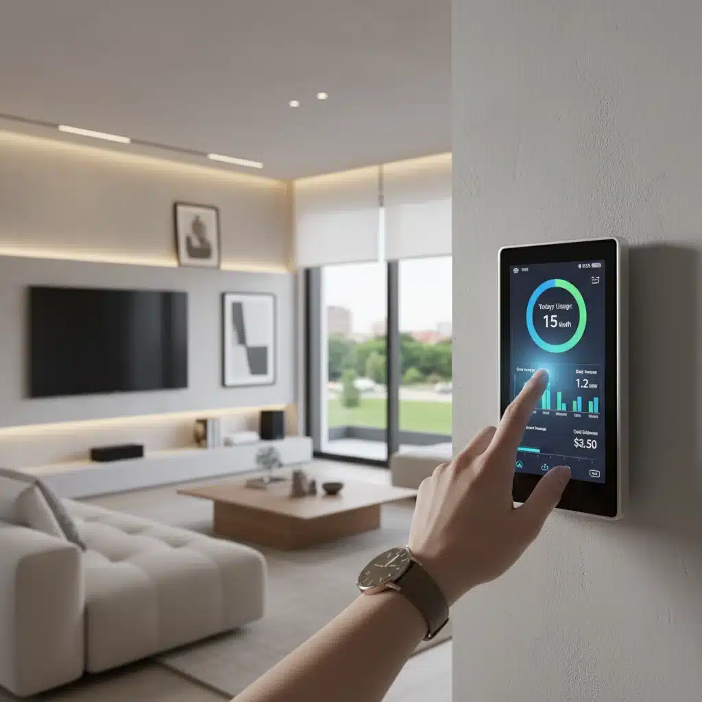 Termostato inteligente mostrando datos de consumo energético en un hogar moderno, optimizando la eficiencia.