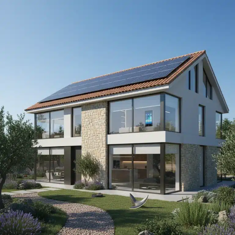 Vivienda moderna y eficiente con paneles solares y vegetación, reflejando la normativa de eficiencia energética 2026 en España.
