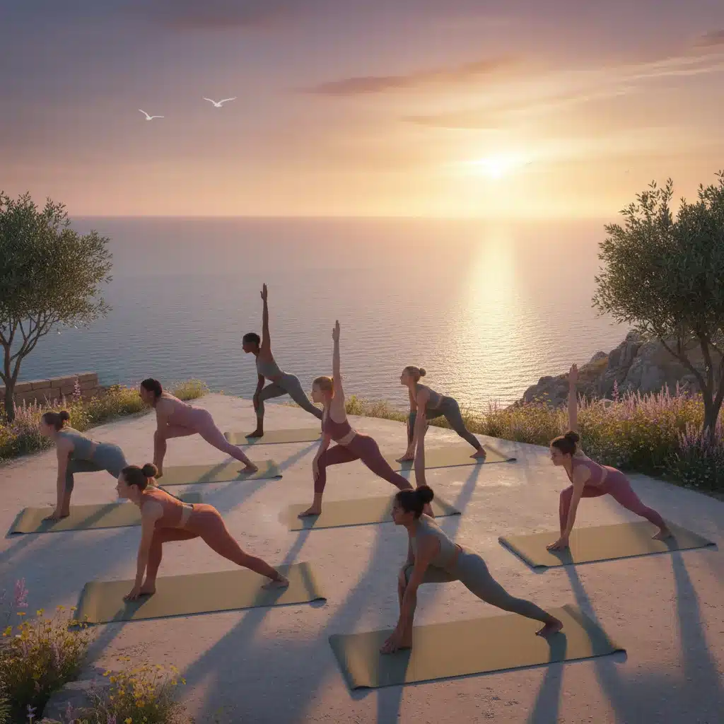 Jóvenes practicando yoga al atardecer frente al mar Mediterráneo, promoviendo el bienestar.